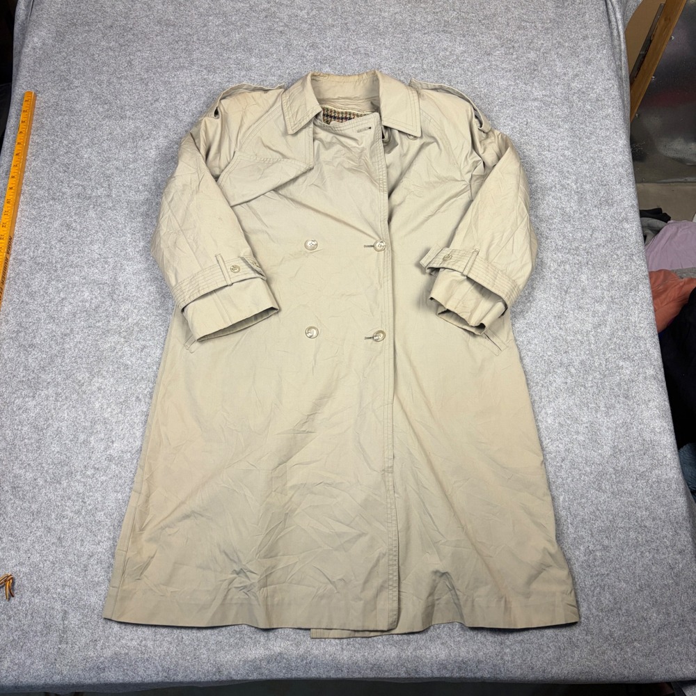 Vintage London Towne Tan Double Breasted Trench Coat Houndstooth Lining Beige